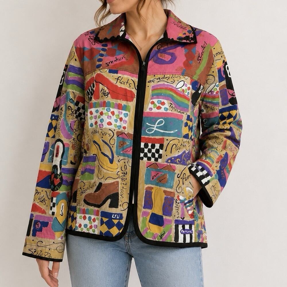 Silkscapes Handpainted Art Jacket Women’s Large Colorful Shoe Theme Zip Boho